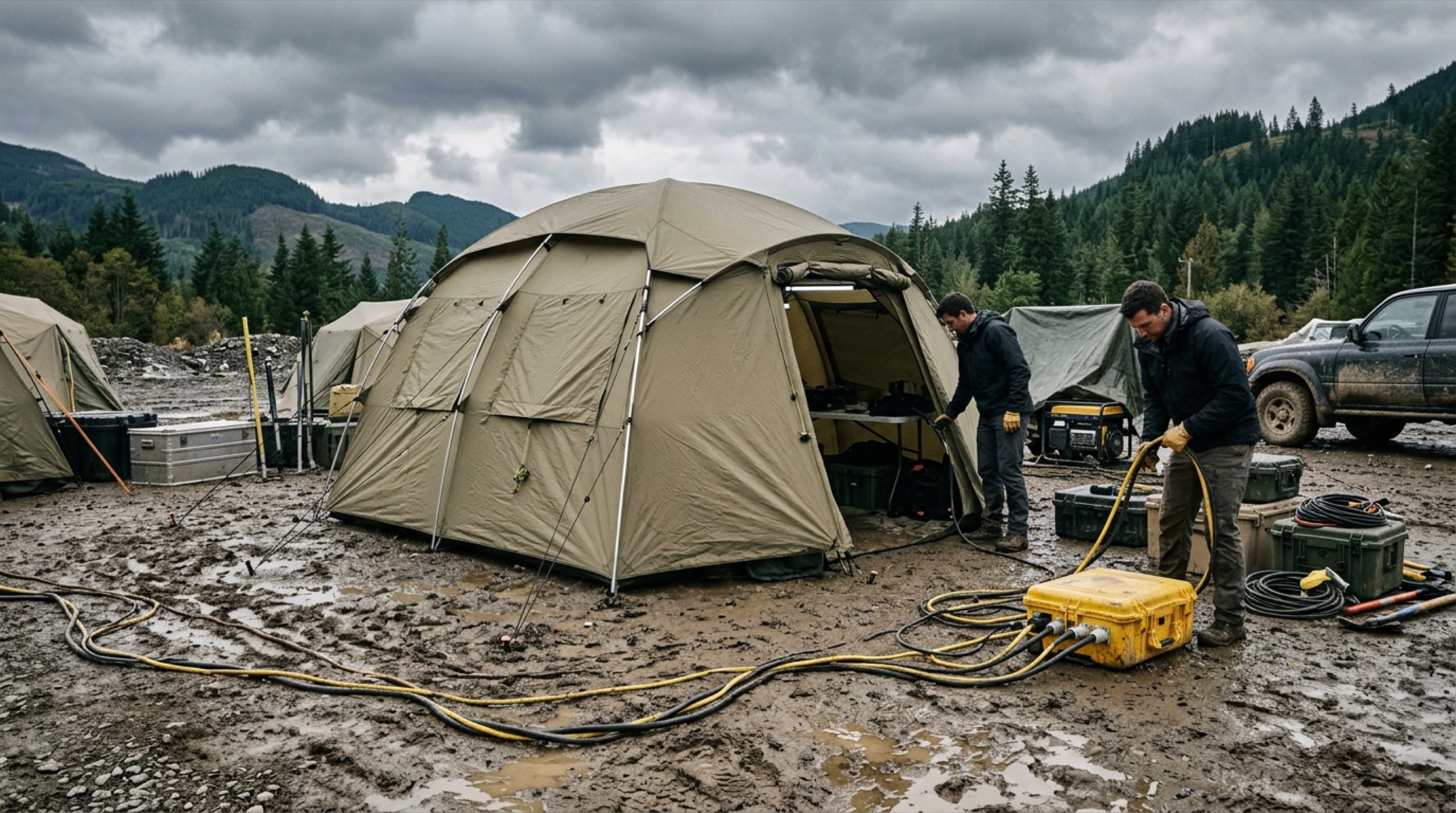 Expedition shelter and field power staging at an outdoor base
