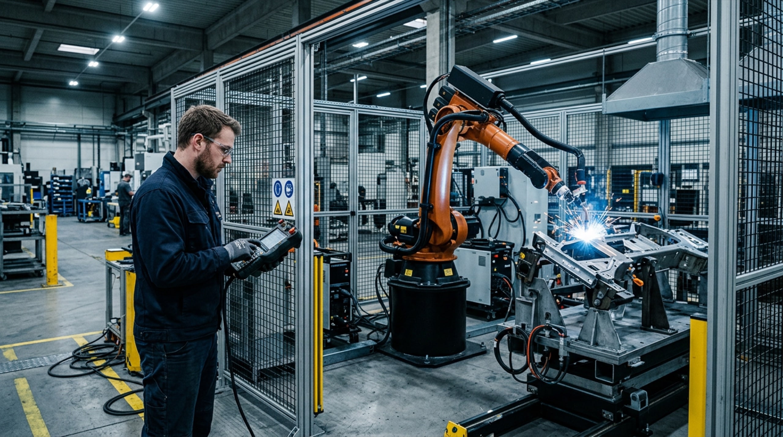 Technician working with an industrial robotic arm in an integration cell