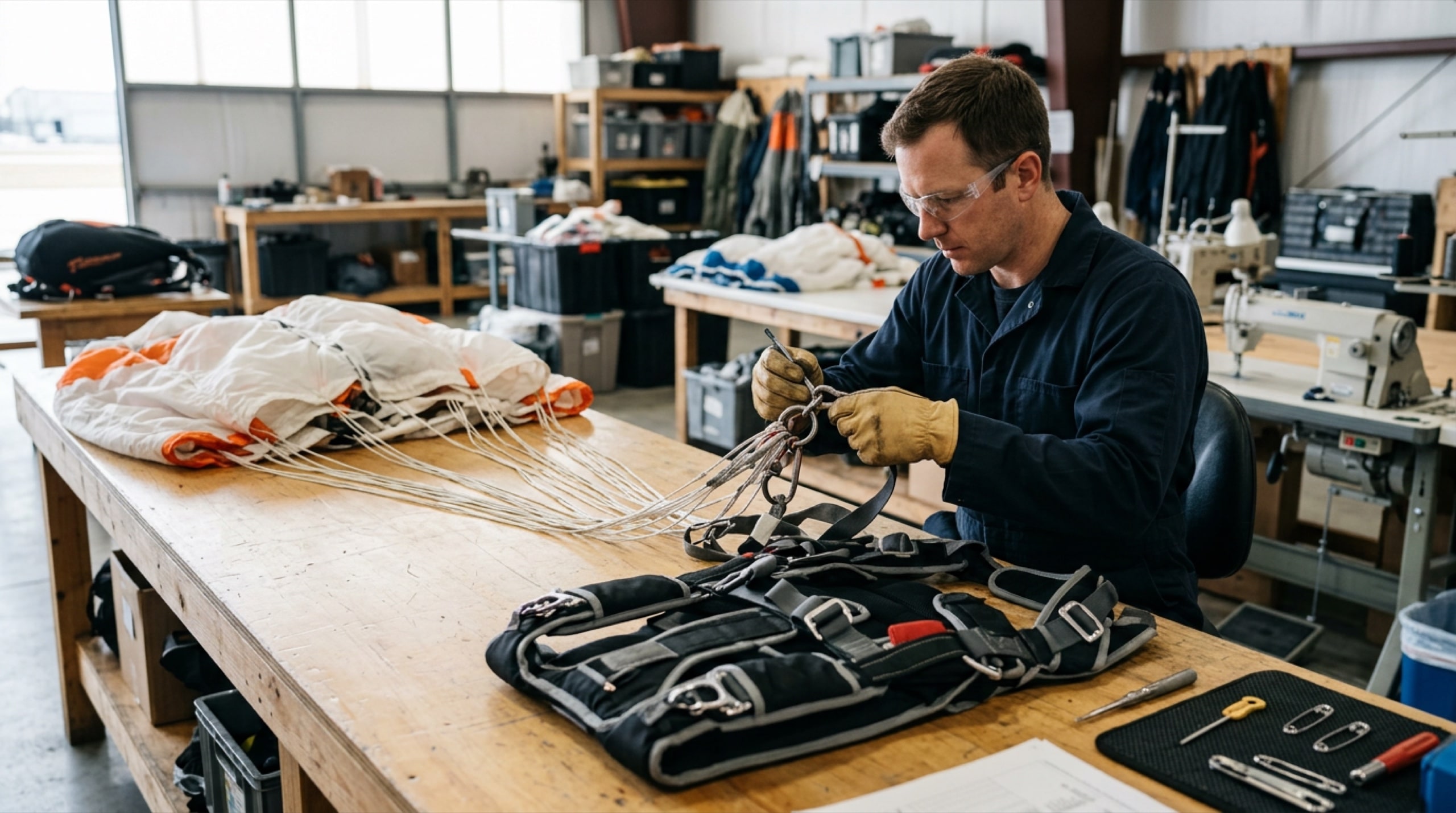 Parachute specialist inspecting lines and harness connections on a packing bench