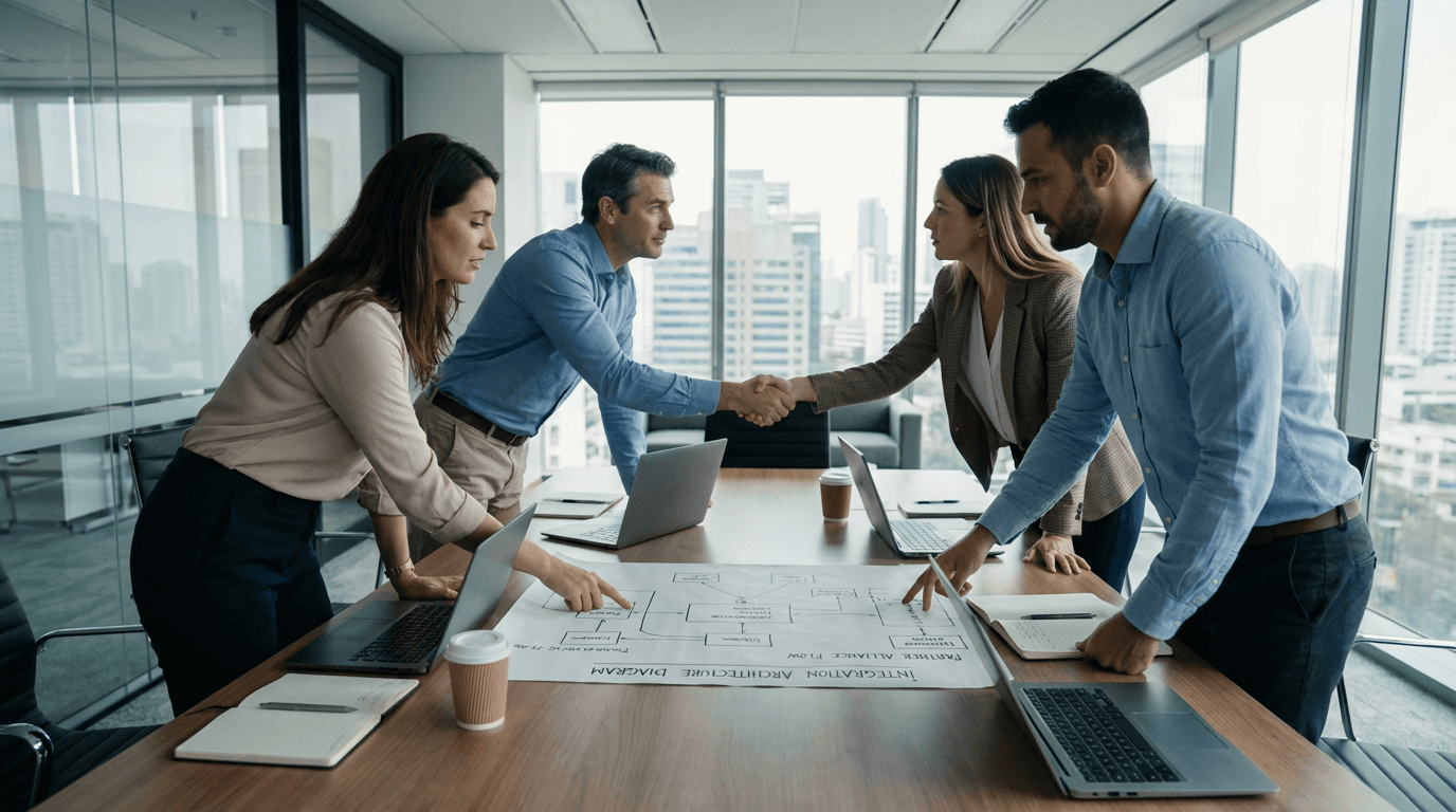 Partner and delivery leads co-planning integrations with laptops and architecture sketches on the table