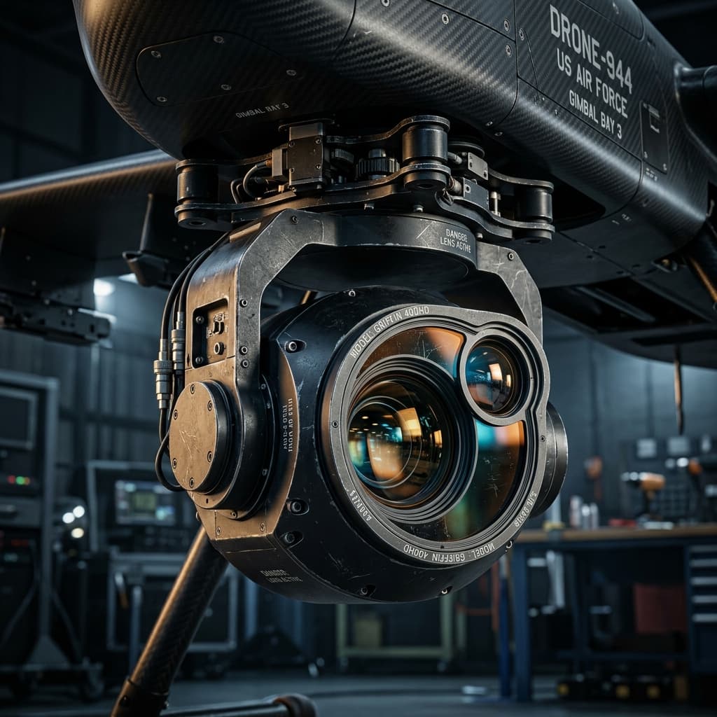 Cinematic close-up of a high-end electro-optical/infrared (EO/IR) gimbal sensor mounted on a military-grade drone