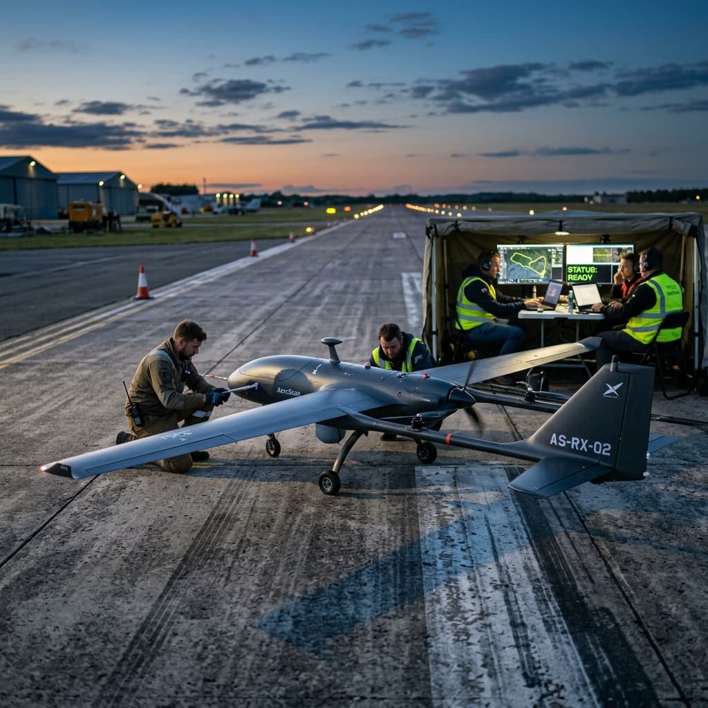 Sleek fixed-wing UAV drone preparing for launch on a concrete runway at dusk