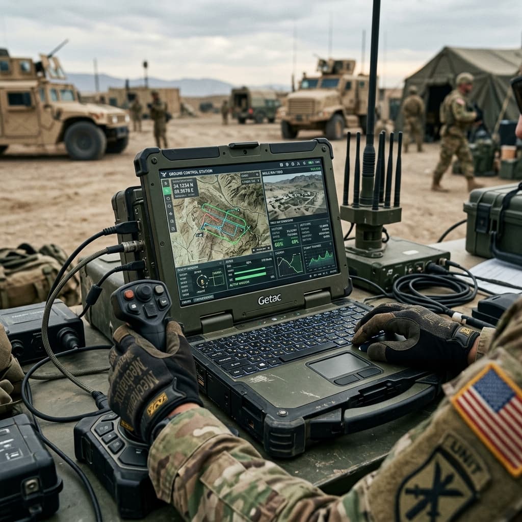 Cinematic close-up of a rugged military-grade ground control station (GCS) laptop field setup