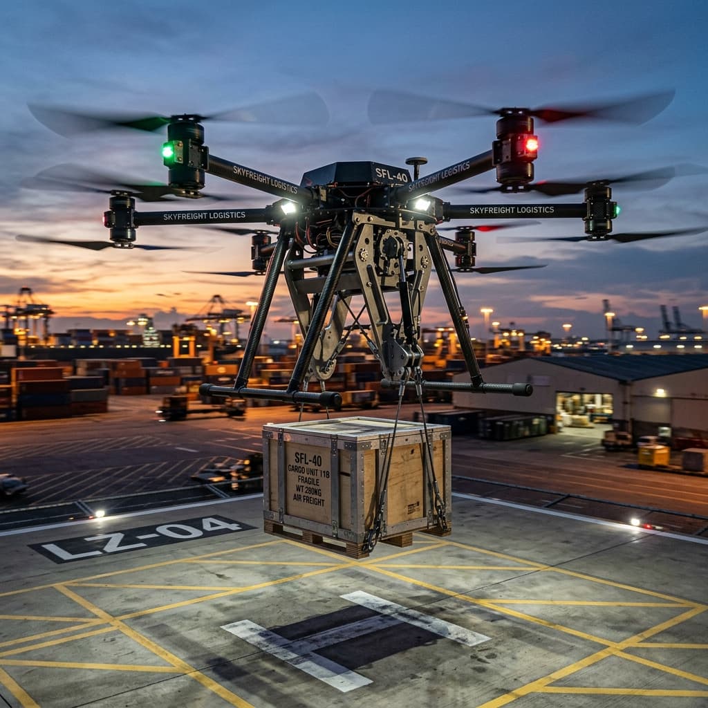 Action shot of a heavy-duty logistics drone hovering above a landing zone, highlighting a robust mechanical payload release mechanism suspending a cargo crate