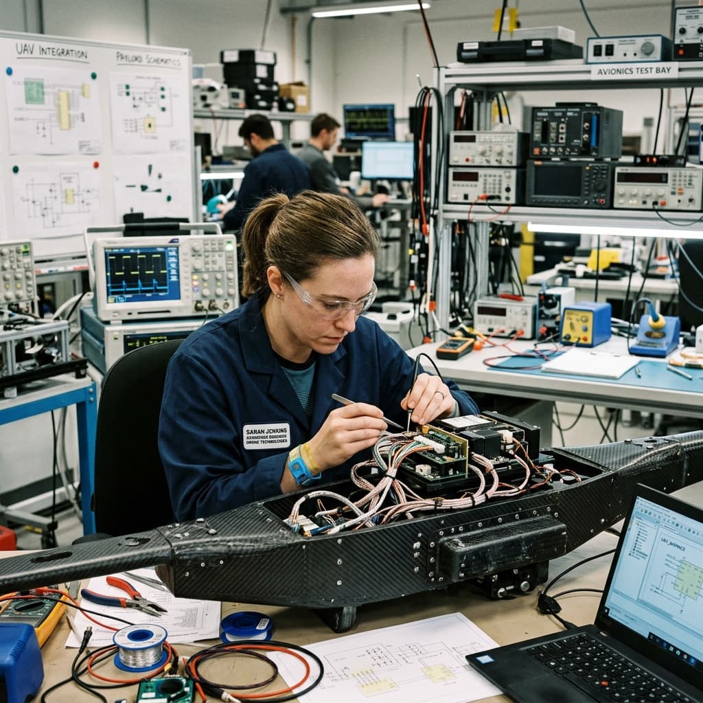 Aerospace engineer meticulously wiring a complex modular payload to a carbon fiber UAV chassis in a high-tech lab
