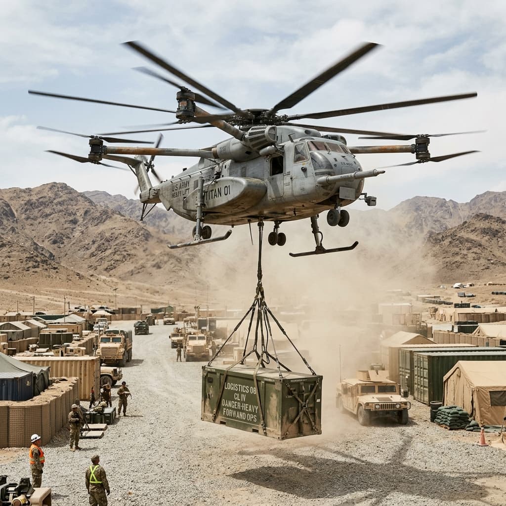 Editorial photography of a massive heavy-lift multirotor drone carrying a rugged payload logistics pod slung underneath
