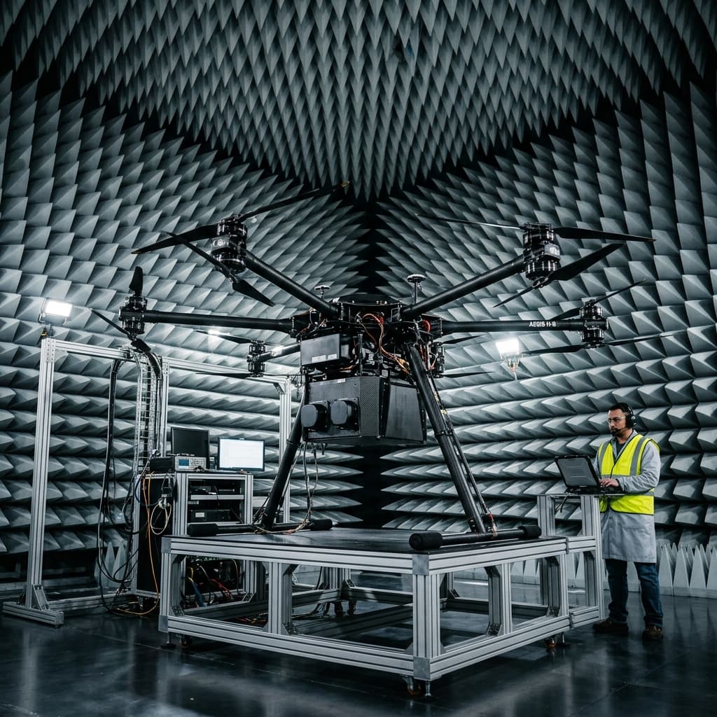 Large heavy-lift UAV drone positioned inside a massive anechoic chamber for electromagnetic interference testing