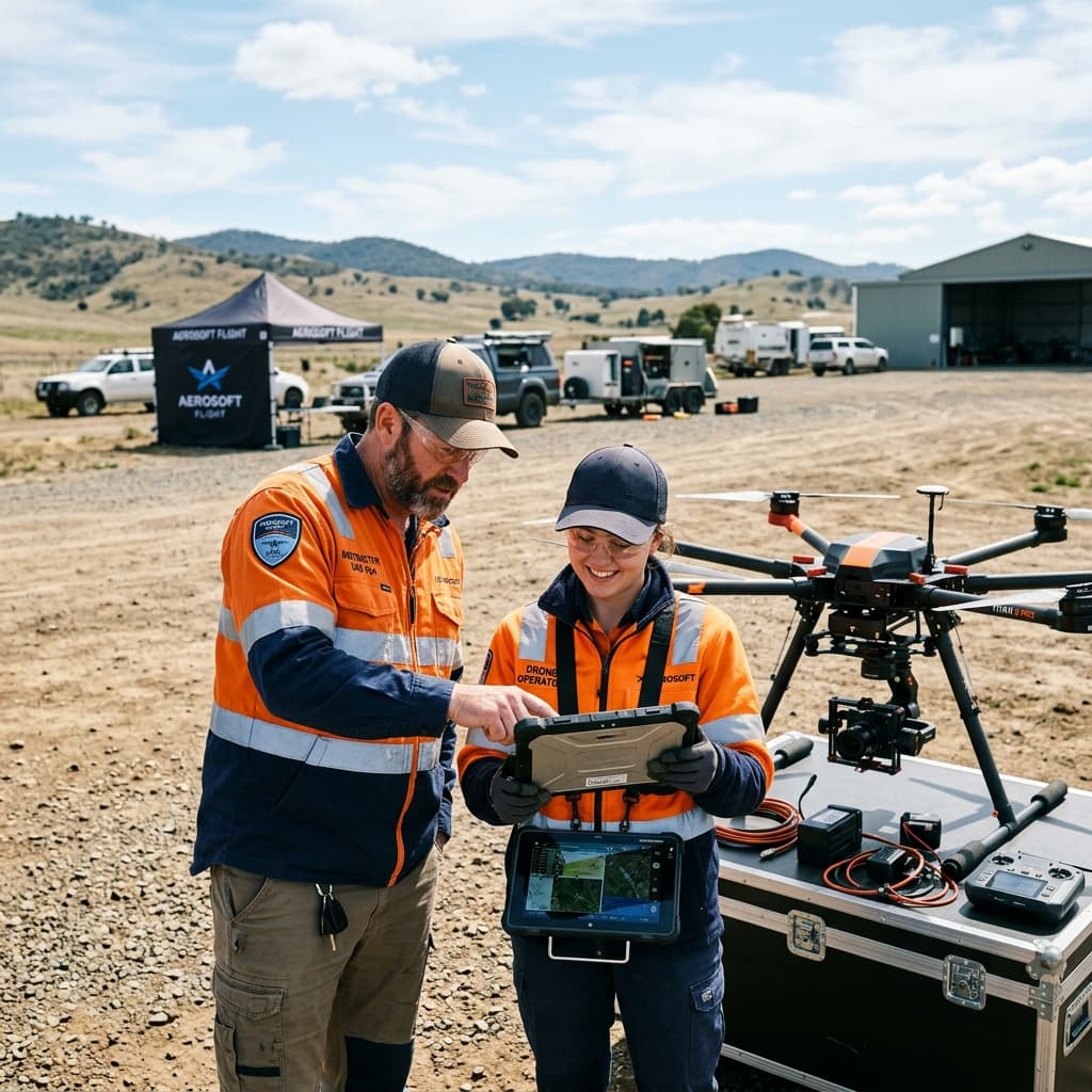 Aerospace field instructor outdoors training a drone operator on a rugged tablet next to a large Multi-rotor drone
