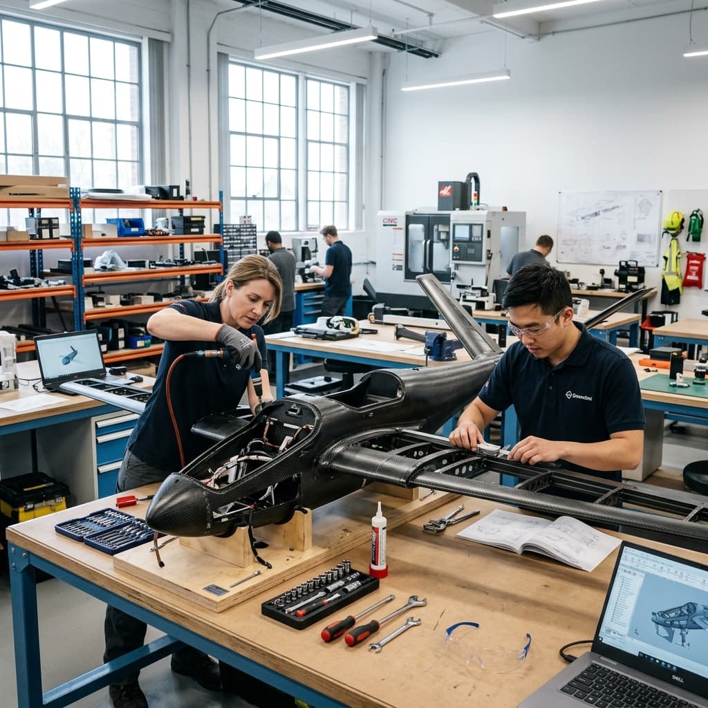 Engineers in an advanced aerospace workshop assembling a carbon fiber UAV platform structure