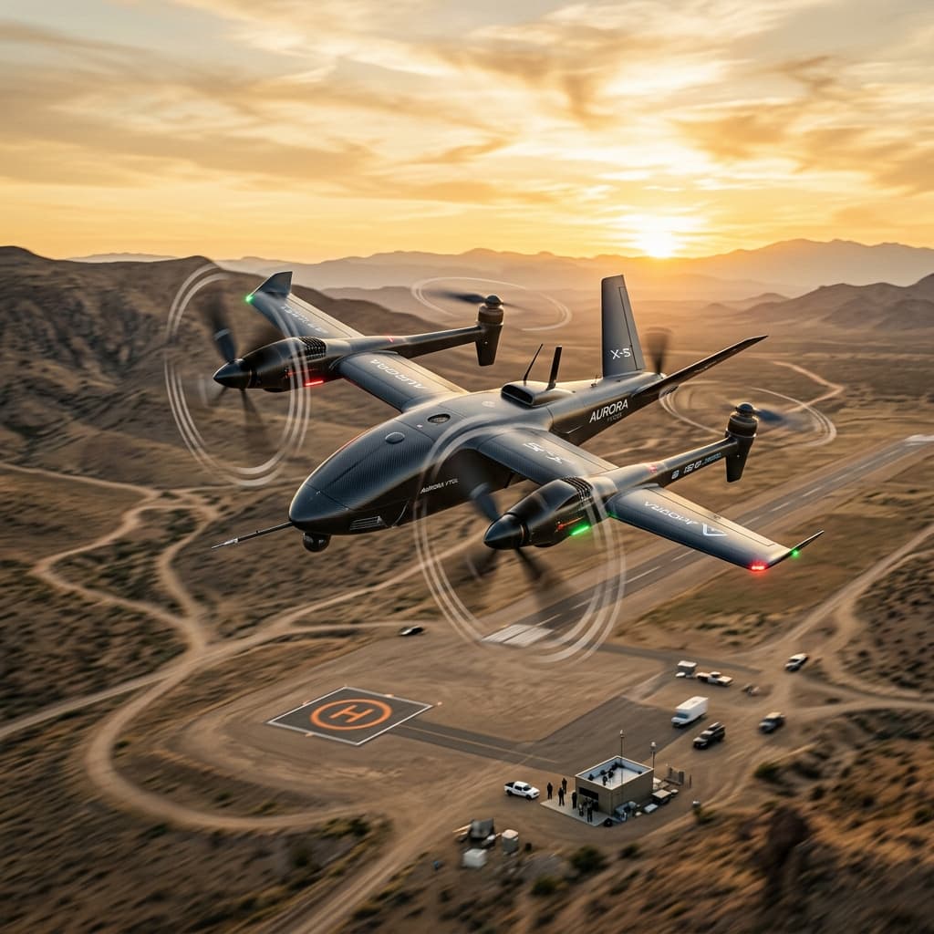 Hybrid VTOL drone transitioning from vertical hover to forward flight above a remote testing field at golden hour