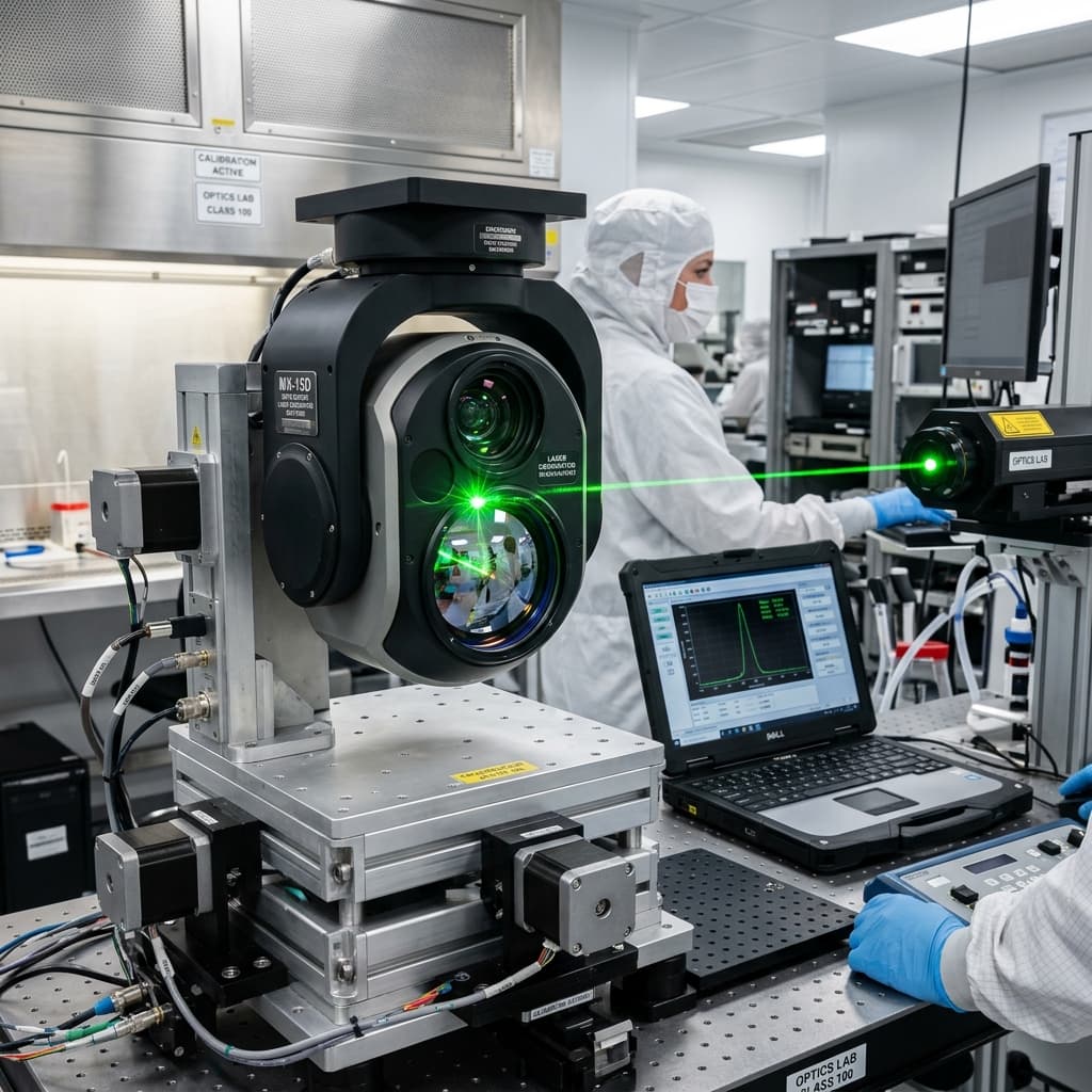 Engineer calibrating an EO IR gimbal payload