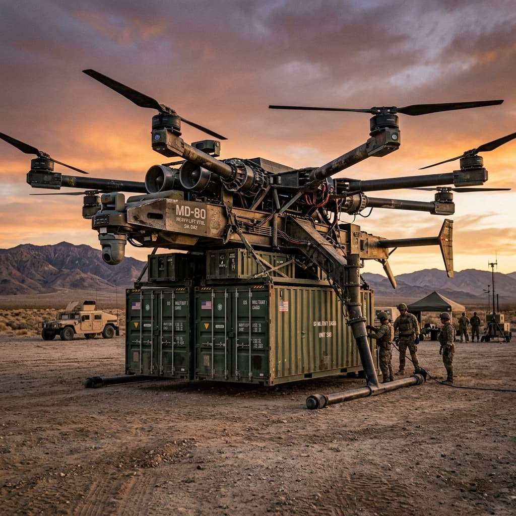 Heavy VTOL drone carrying cargo containers in a field setting