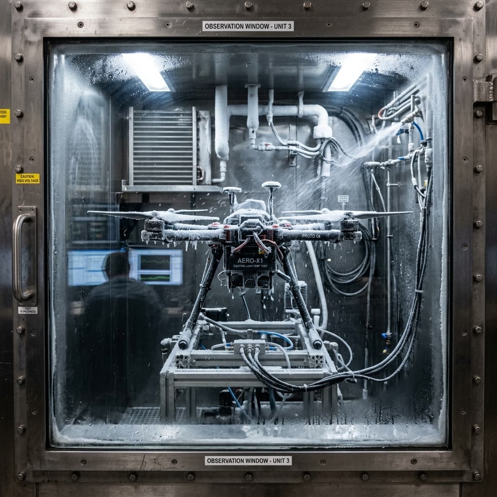Drone inside environmental test chamber