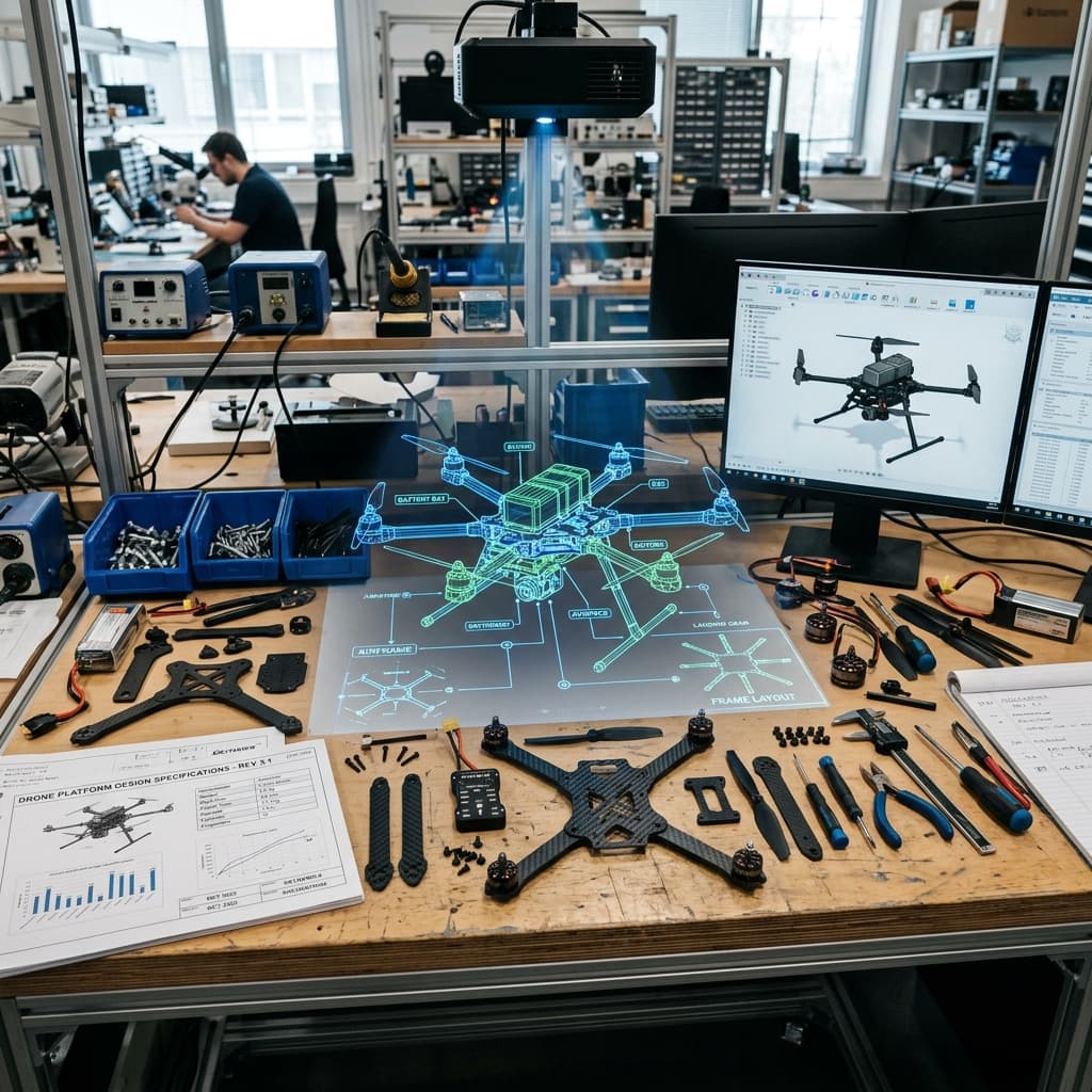 UAV CAD wireframes and carbon fiber parts on a workbench