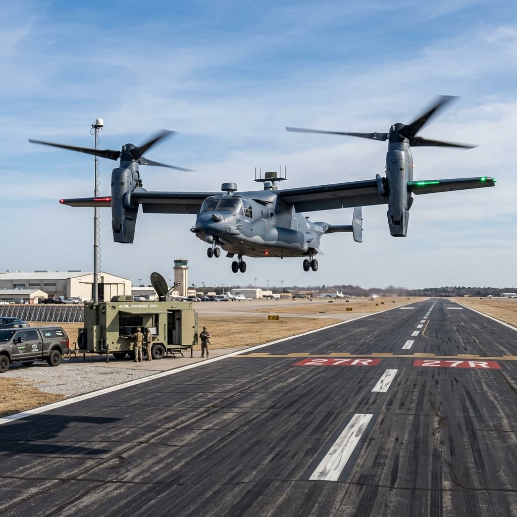 VTOL aircraft hovering with GCS trailer in background