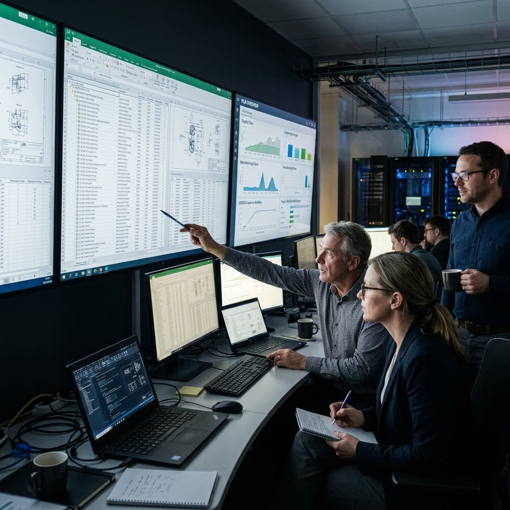 Engineering managers reviewing complex massive interactive electronic bills of materials and hardware schematics on digital dashboards