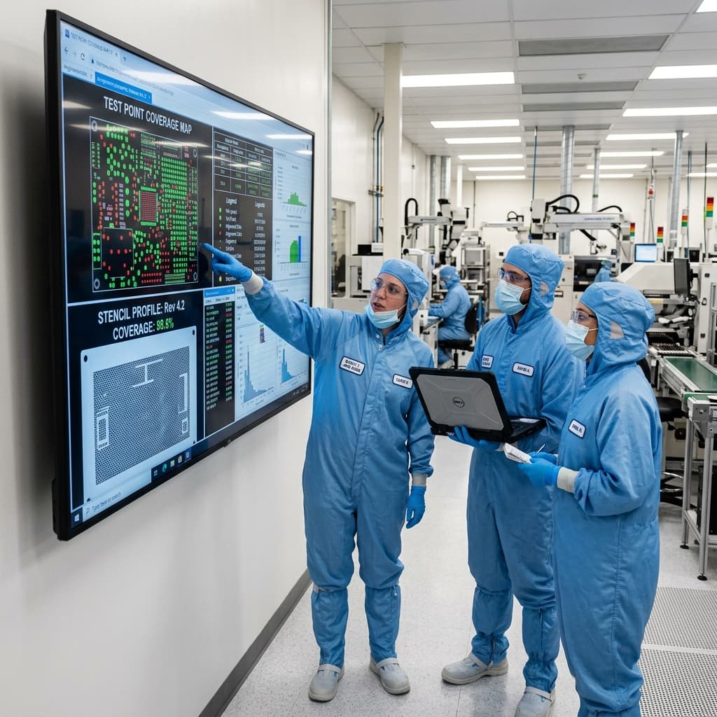 Manufacturing engineers reviewing detailed factory stencil profiles and test point coverage maps on a display