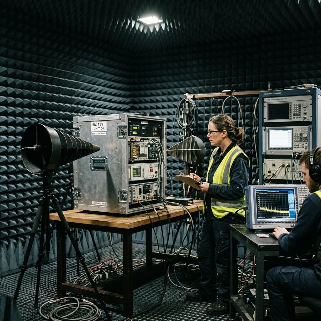 Engineers preparing a rugged military electronic system inside a massive electromagnetic anechoic testing chamber lined with blue spiked RF absorbing cones