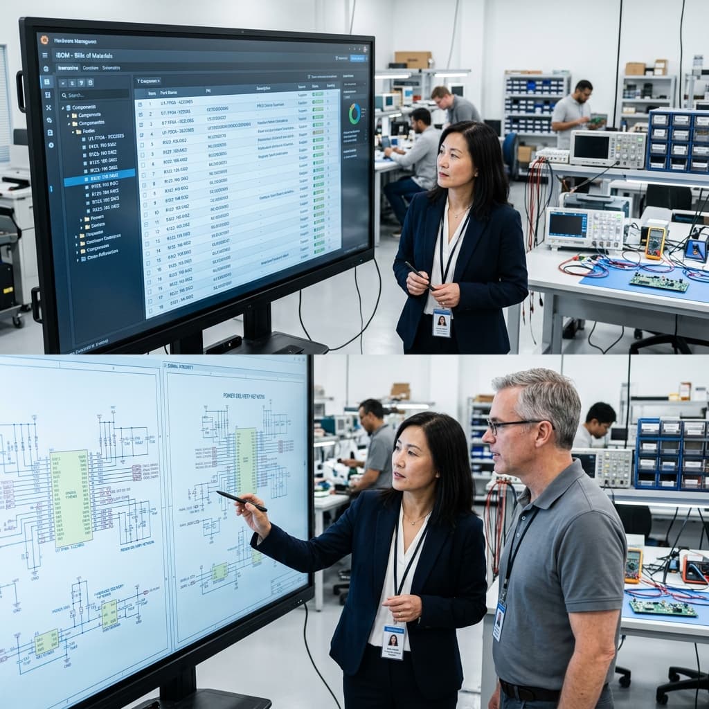 A team of senior mechanical and electrical engineers analyzing precise dimensional tolerances across an exploded CAD model