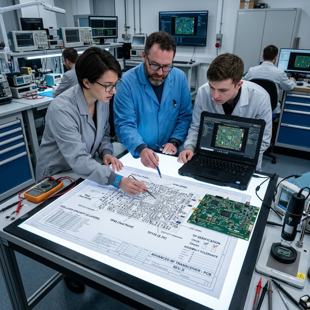 Engineers scrutinizing complex multi layer printed circuit board blueprints verifying test points and assembly clearances