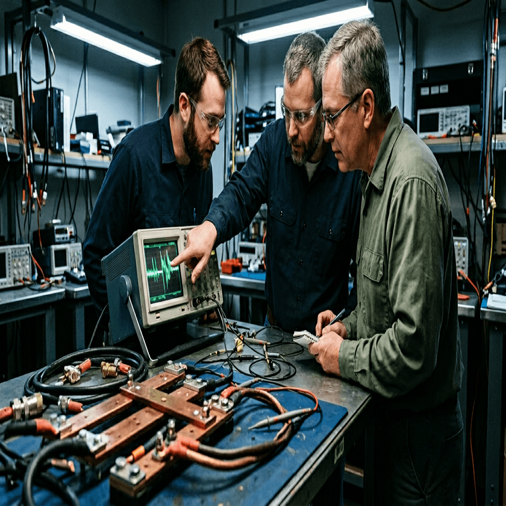 Engineers reading massive complex oscilloscope output tracing sheer transient voltage spike absorption across massive bus bars