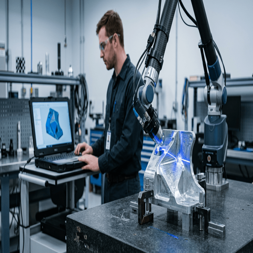 Complex raw aluminum structural prototypes undergoing sheer massive physical dimensional scanning within specialized metrology labs