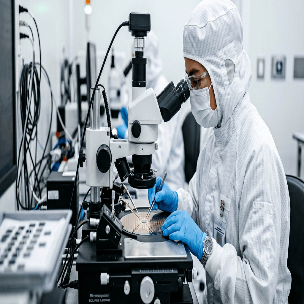Specialized technicians performing microscopic die inspection authenticating sheer complex massive processor origins