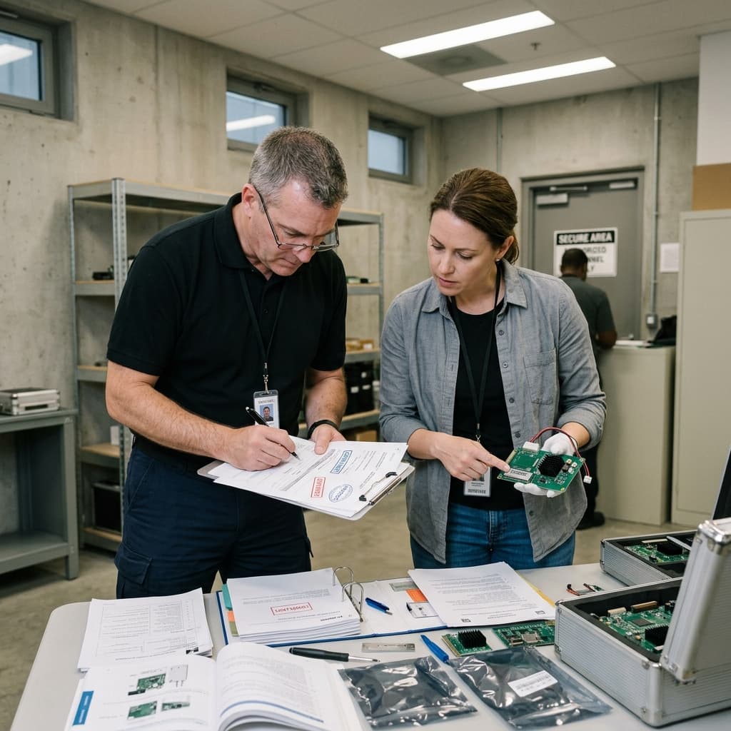 Senior hardware technicians carefully analyzing charred damaged rugged field deployment communication boxes