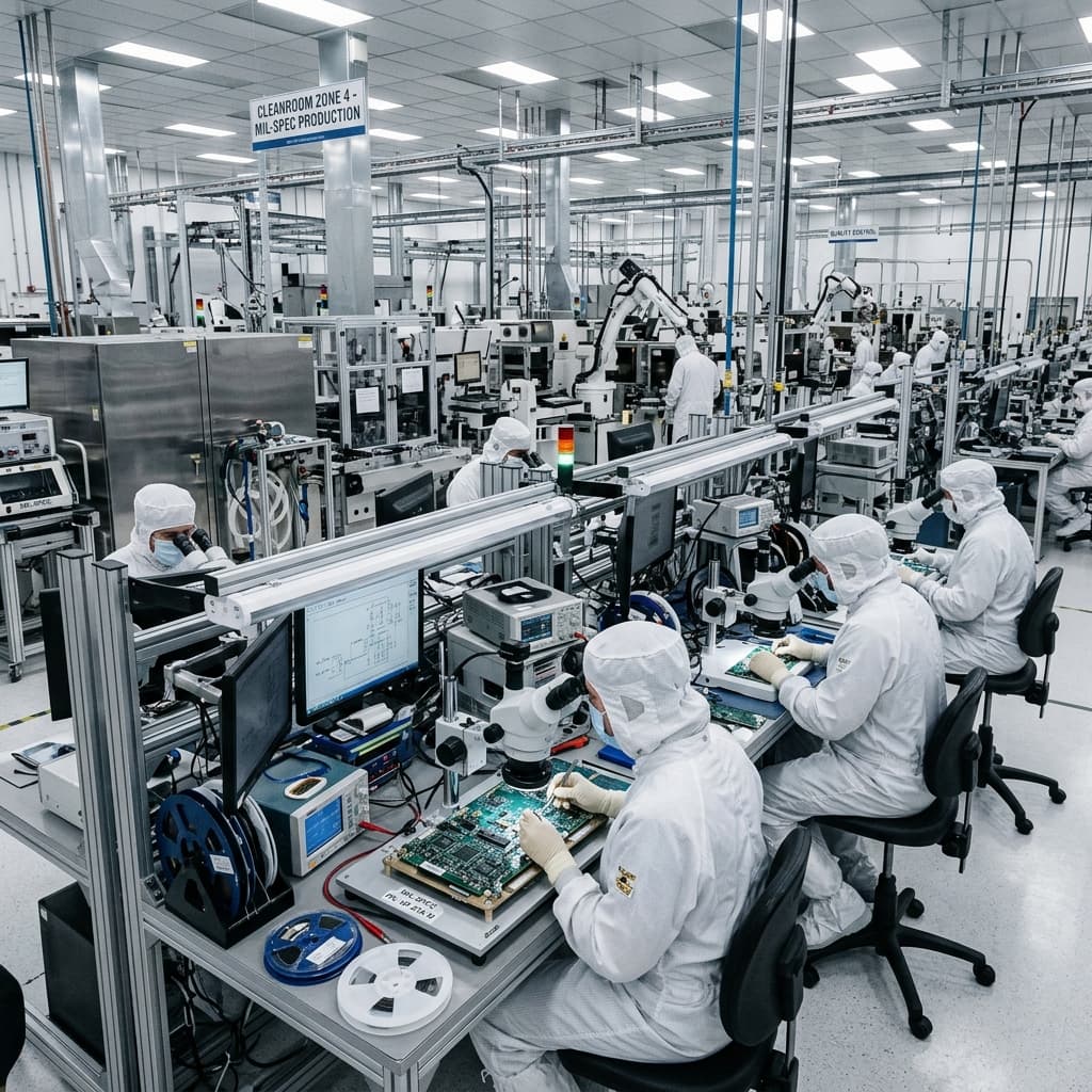 Manufacturing facility with cleanrooms and technical engineers working on complex military grade circuits
