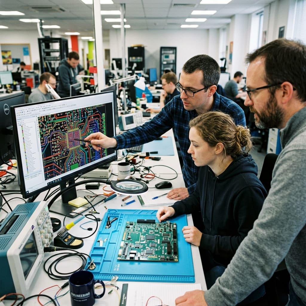 Electronics engineers reviewing a complex multi layer printed circuit board layout on CAD software next to a manufactured board