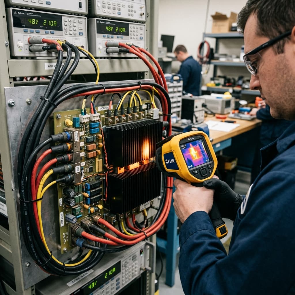 Heavy duty power supply units and thermal cameras inspecting heat dissipation on military grade distribution boards