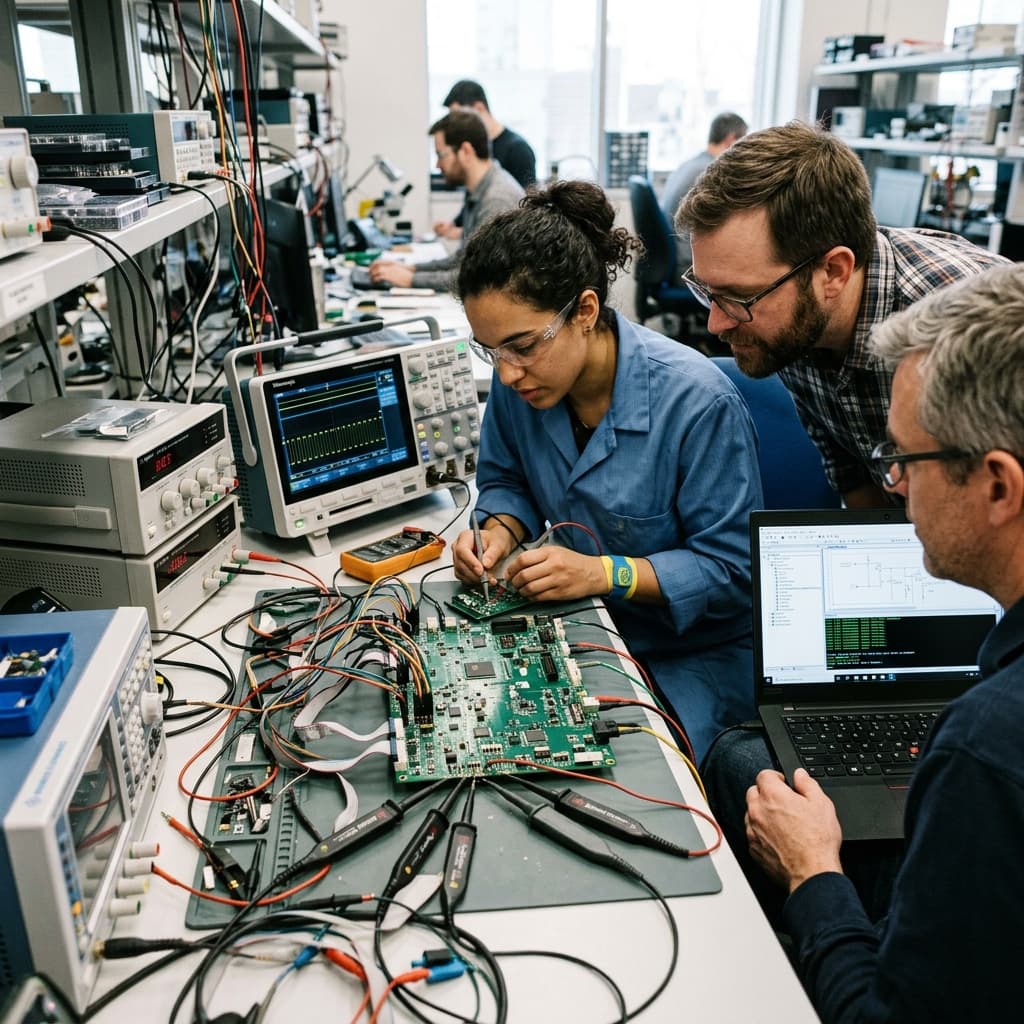 Engineers validating a rapid prototype board covered in debugging wires and external logic probes