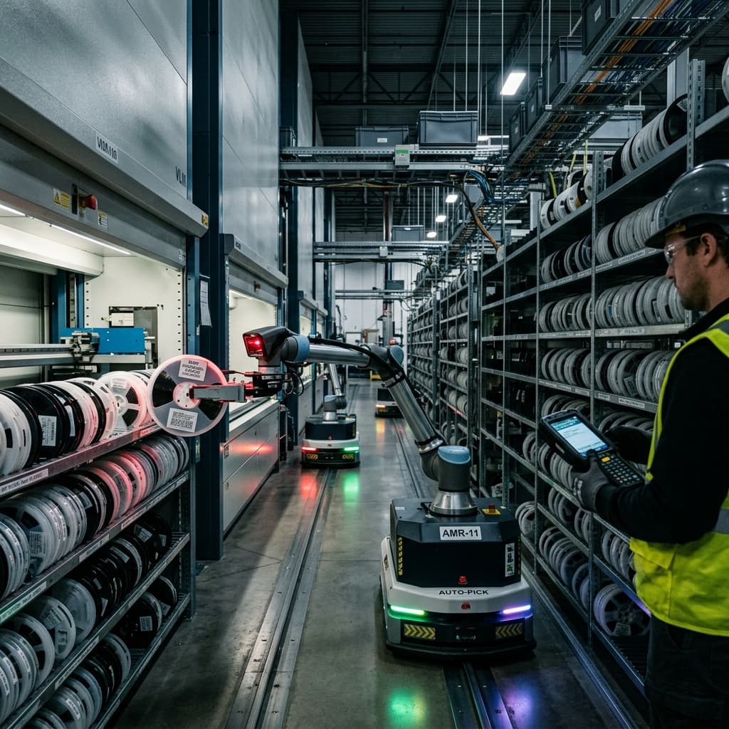 Automated electronic component warehouse with robotic pickers and barcode scanners handling reels