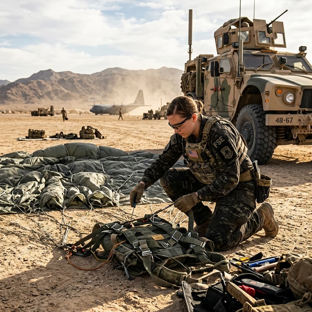 A dedicated field support engineer in tactical gear troubleshooting a massive military parachute assembly alongside a military vehicle on a sunlit desert airstrip
