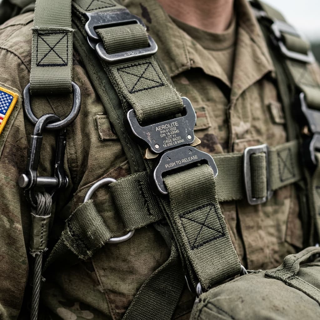 Close up tactical photography of heavy duty military parachute harness metallic buckles and load bearing webbing