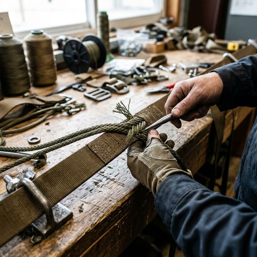 High-detail photography of military parachute suspension lines and heavy duty ballistic nylon webbing being spliced on an industrial rigging table