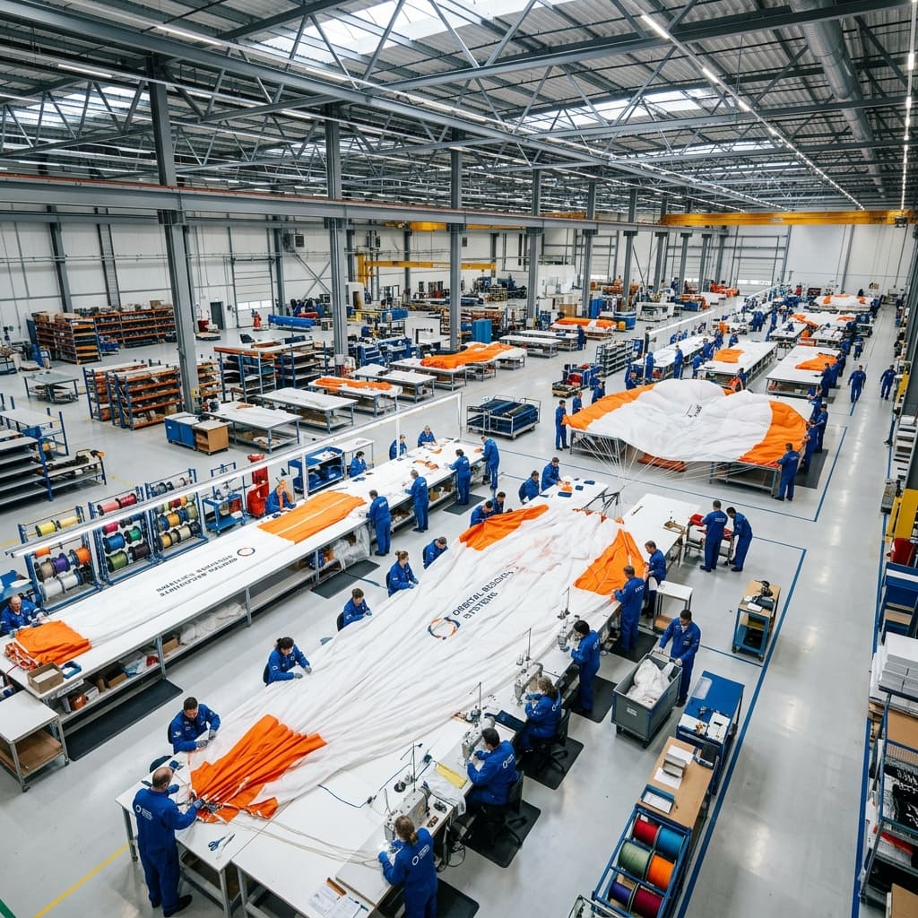 A sweeping overview of a bright pristine aerospace parachute manufacturing floor