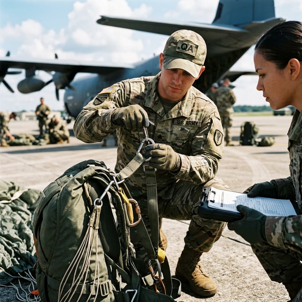 A tight shot of military quality assurance inspectors meticulously examining parachute rigging and hardware on an active sunlit airstrip prior to deployment