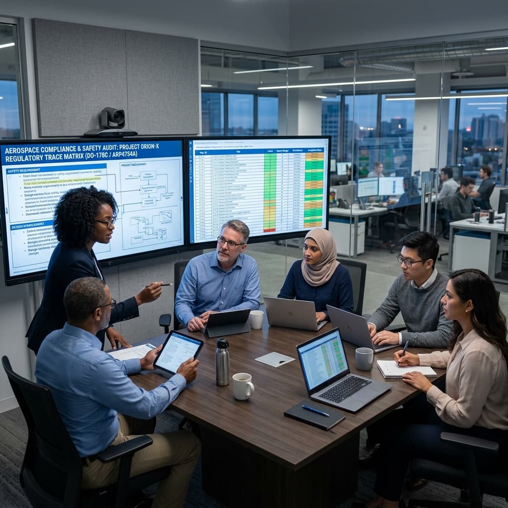 Diverse team of specialized aerospace safety engineers in a sleek conference room auditing complex regulatory trace matrices