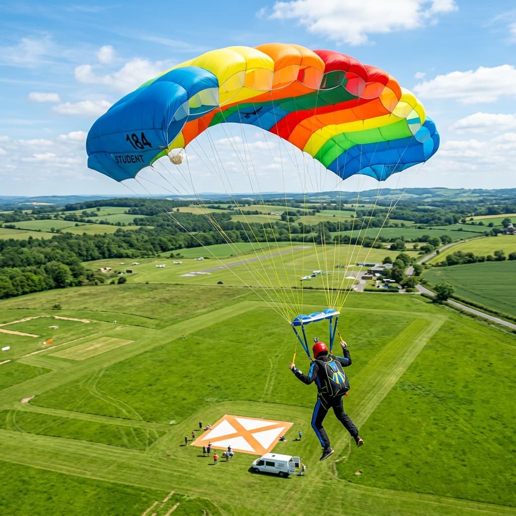 A colorful civilian skydiving student parachute canopy deployed flawlessly over a sunny green training dropzone