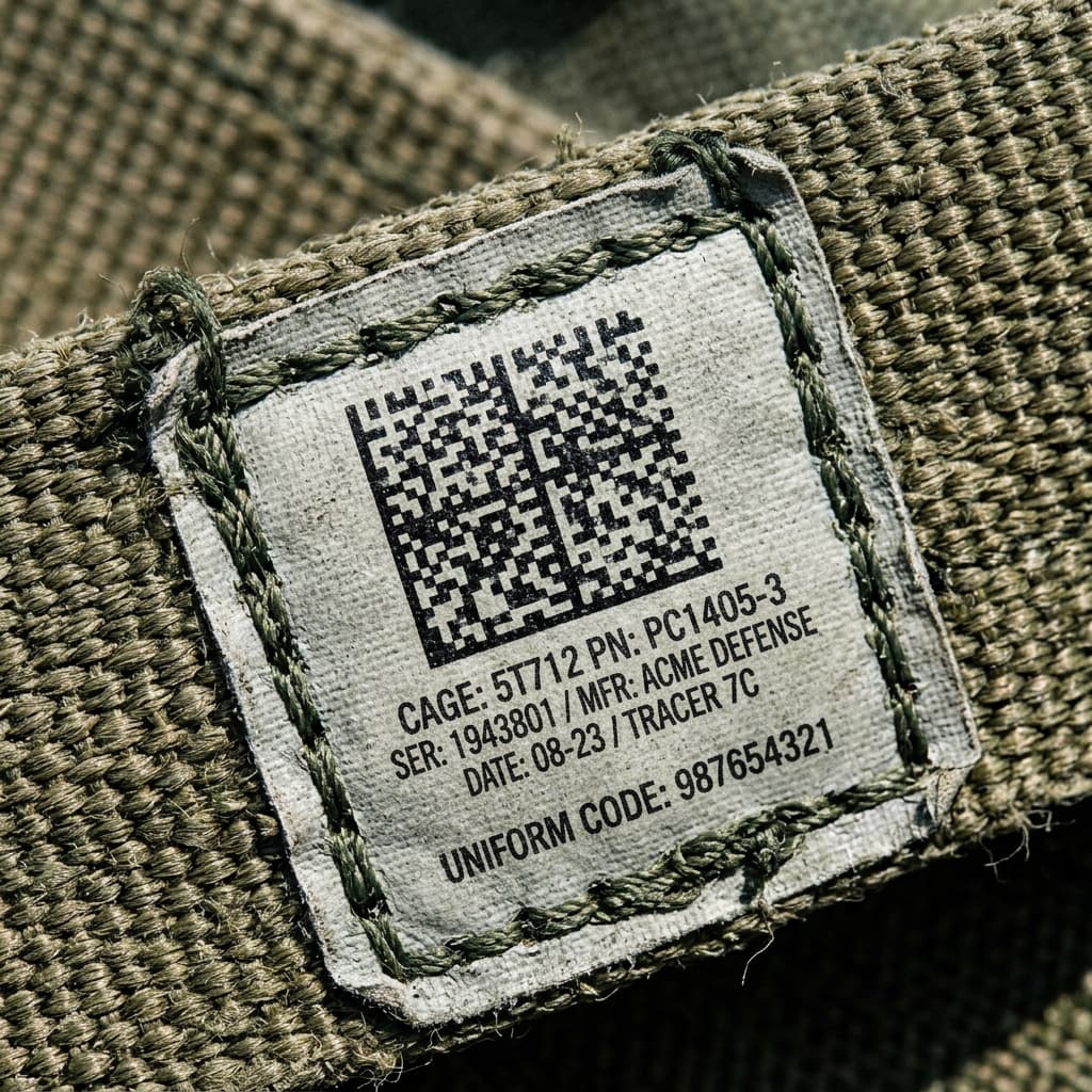 Extreme macro photography of a highly durable uniquely encoded traceability barcode tag rigorously sewn into heavy duty military parachute ballistic webbing