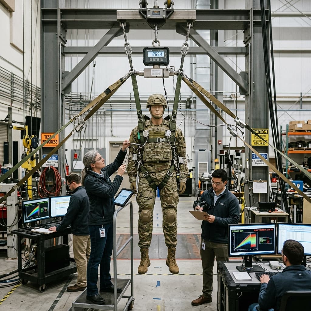 Military mannequin suspended by parachute harness during testing
