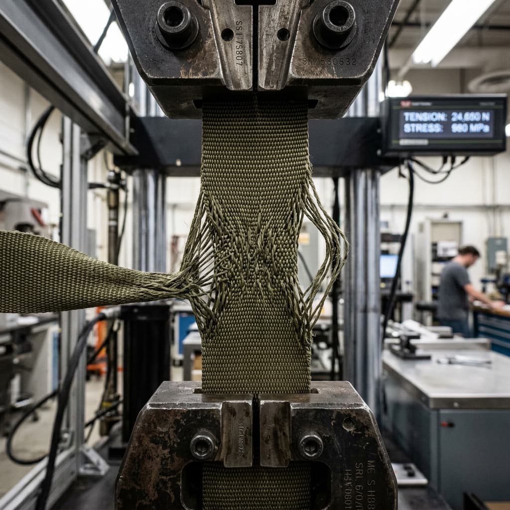 Ballistic nylon parachute webbing stretched on tension machine