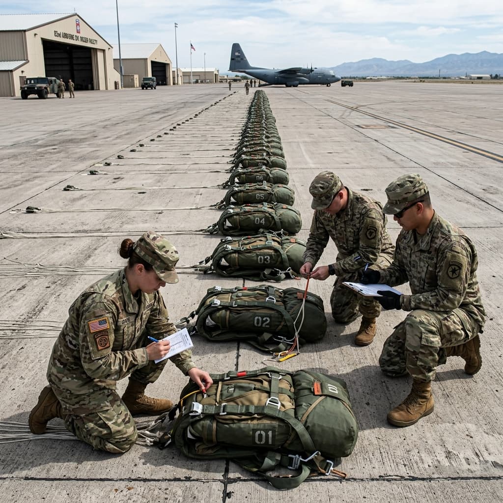 Military inspectors checking parachutes on an airstrip