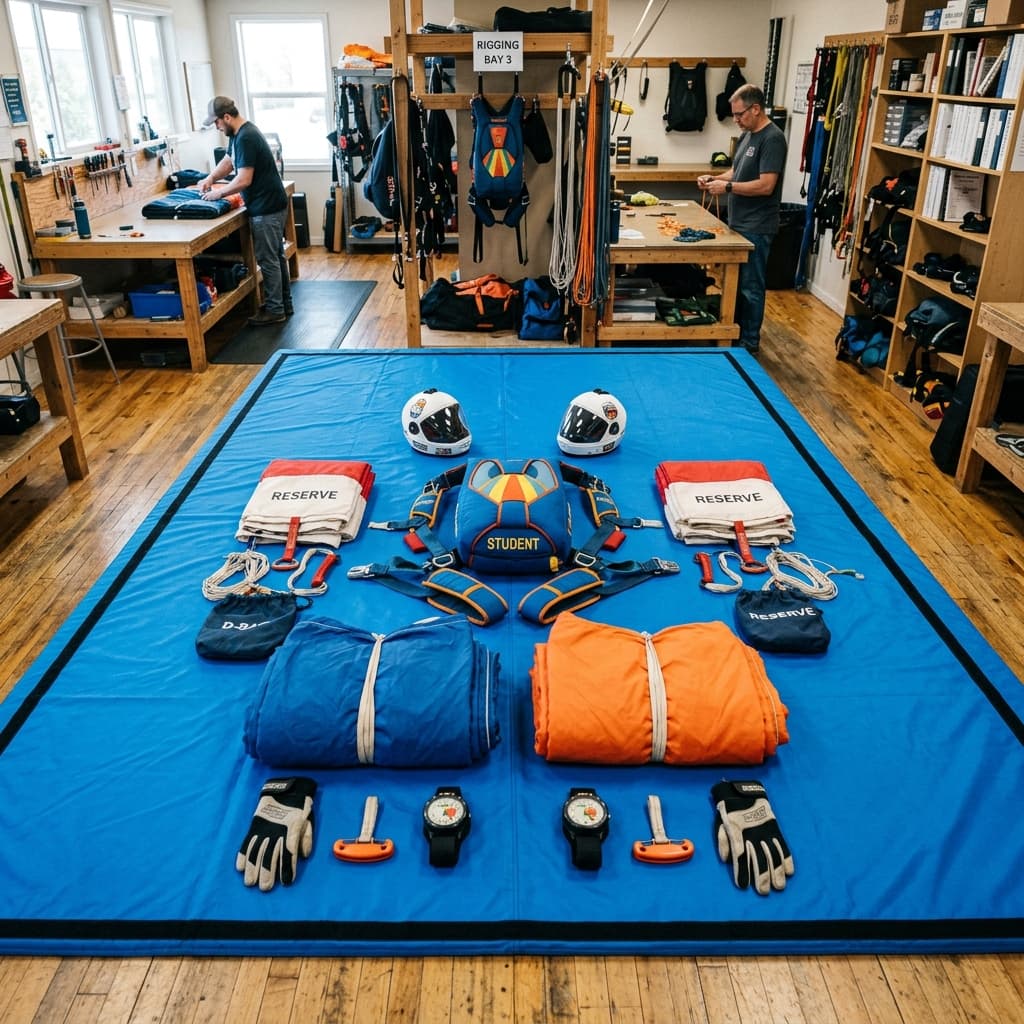 Sport training gear symmetrically laid out on packing mat