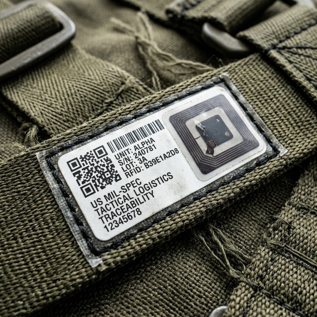 Close up of parachute traceability barcode tag sewn into webbing