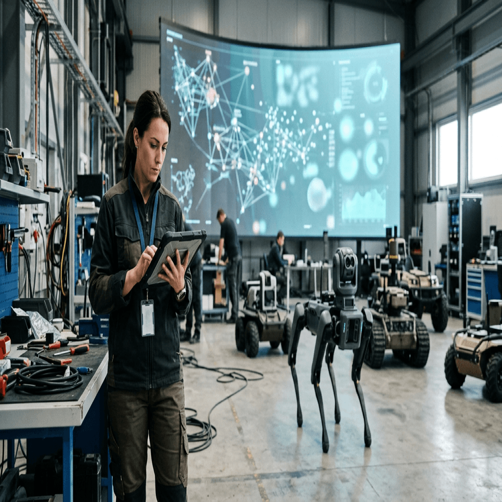 Multiple diverse robotic platforms sharing data streams visualized by complex glowing digital overlays