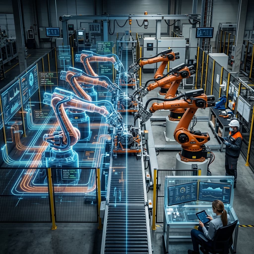 A split screen showing a physical robot navigating complex rubble mirroring a precise wireframe digital simulation