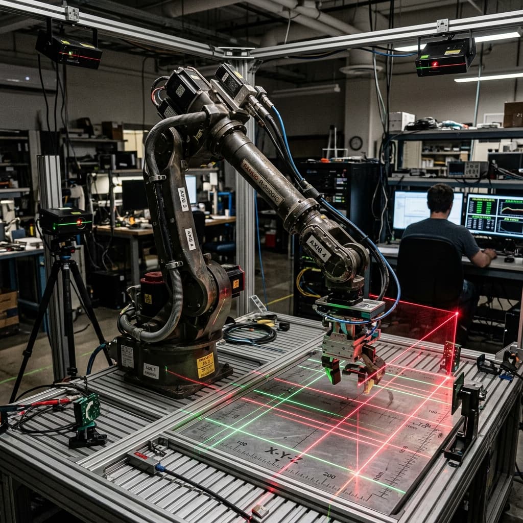 Complex multi-axis robotic manipulator moving through a calibrated physical workspace marked with glowing measurement lasers