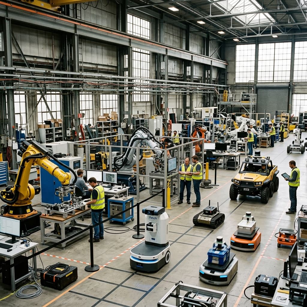 Advanced diverse fleet of autonomous military robotics including quadrupeds and tracked vehicles deployed in a structured hangar